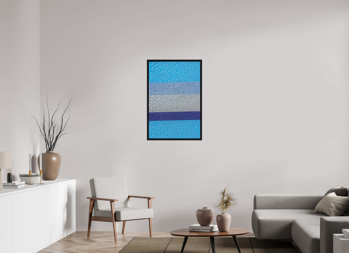 24 x 36″, Floater Frame Drops On Blue