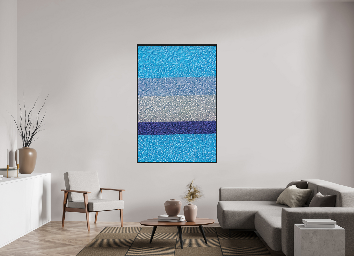 44 x 66″, Floater Frame Drops On Blue