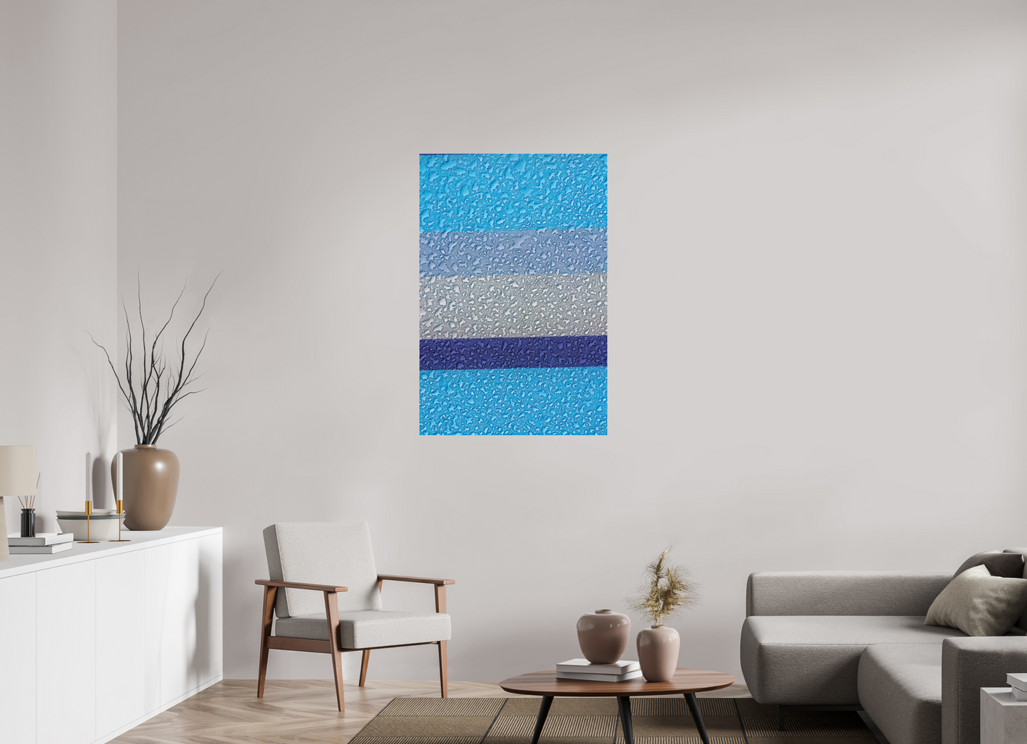 30 x 45″, Photo Print Under Acrylic Glass Drops On Blue