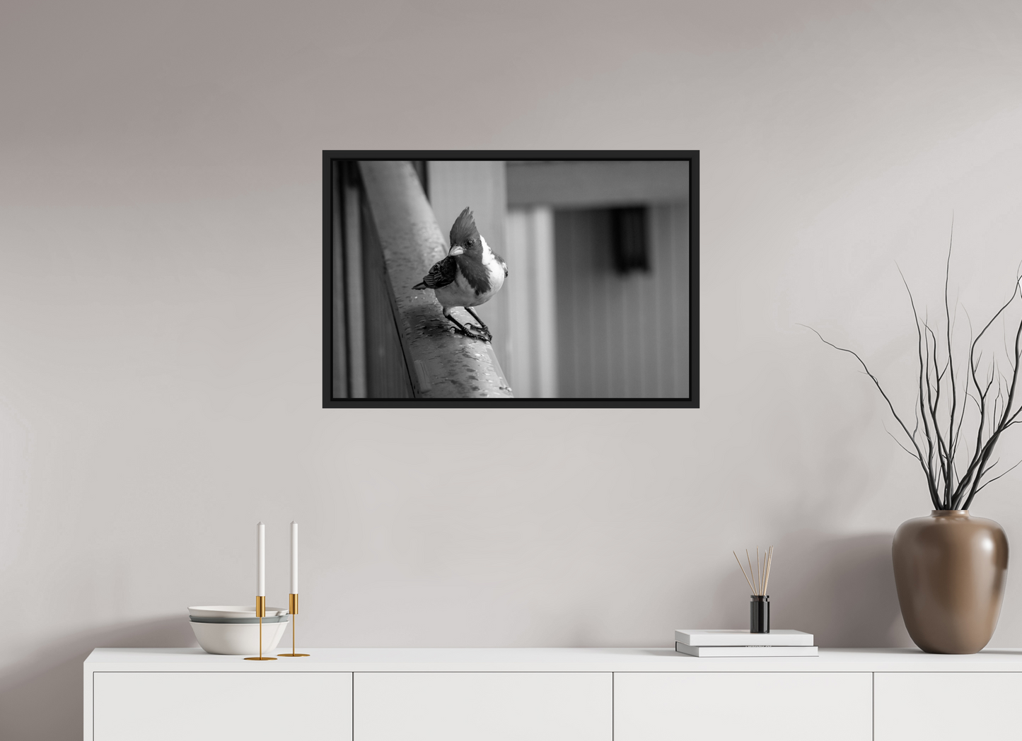 30 x 20″, B&W Paper Red Crested Cardinal