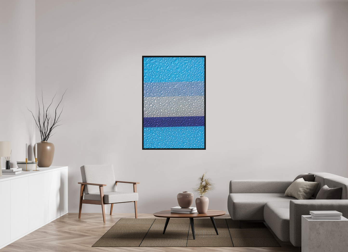 36 x 54″, Floater Frame Drops On Blue
