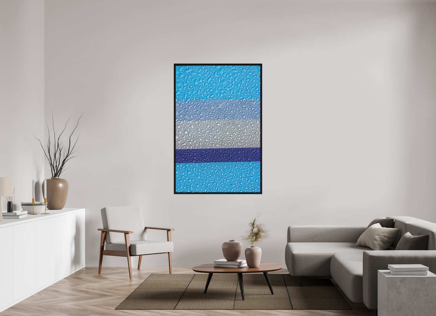 40 x 60″, Floater Frame Drops On Blue